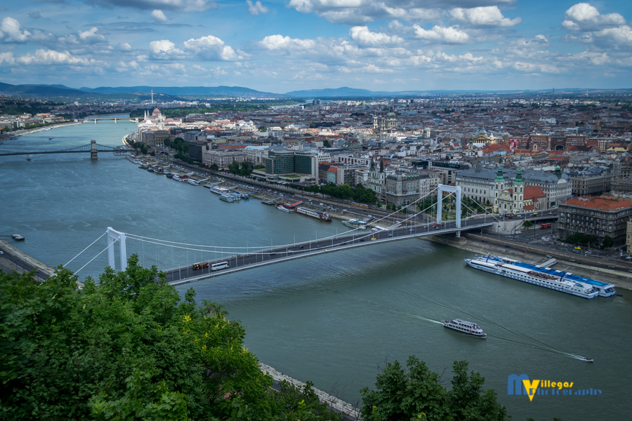 The Danube River splits the city into Buda (left) and Pest (right).